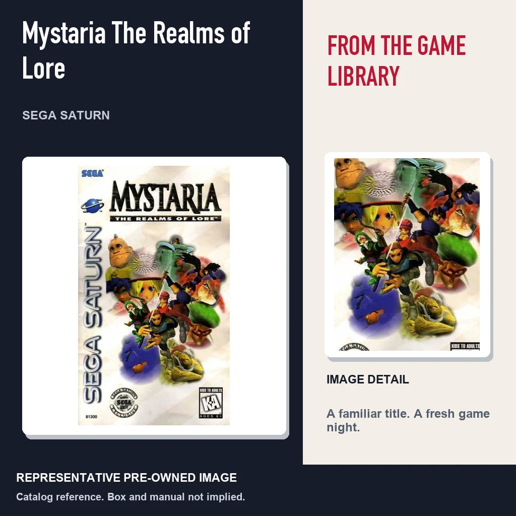 Representative pre-owned Mystaria The Realms of Lore (Sega Saturn), editorial image and detail.