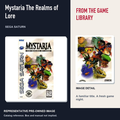 Representative pre-owned Mystaria The Realms of Lore (Sega Saturn), editorial image and detail.