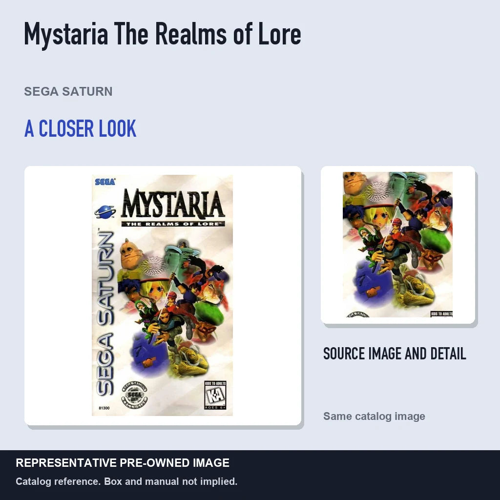 Representative pre-owned Mystaria The Realms of Lore (Sega Saturn), full image with detail inset.
