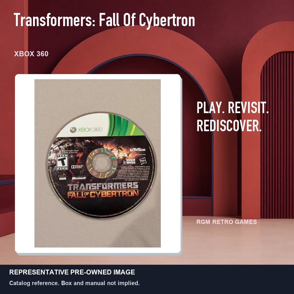 Representative pre-owned Transformers: Fall Of Cybertron (Xbox 360), red retro product layout.