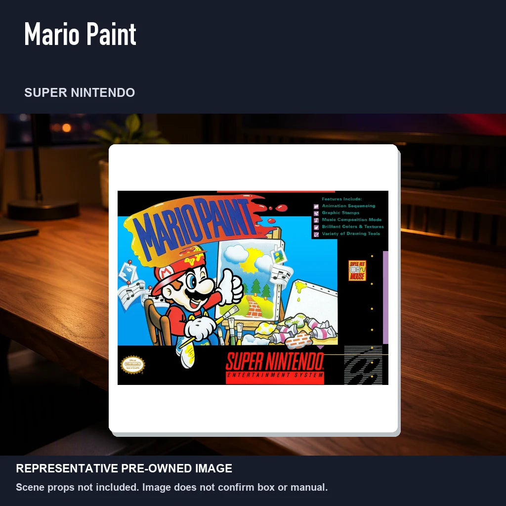 Representative pre-owned Mario Paint (Super Nintendo), product image in a styled desk scene.