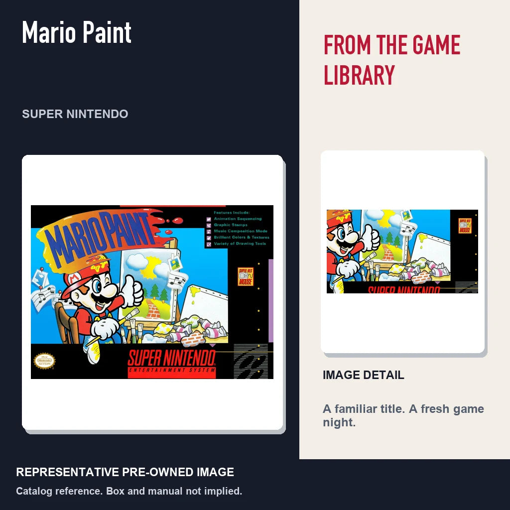 Representative pre-owned Mario Paint (Super Nintendo), editorial image and detail.