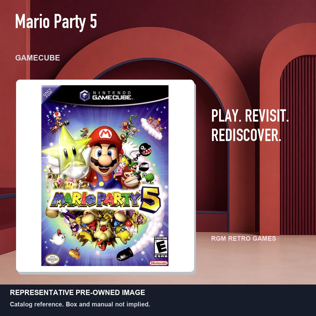 Representative pre-owned Mario Party 5 (GameCube), red retro product layout.