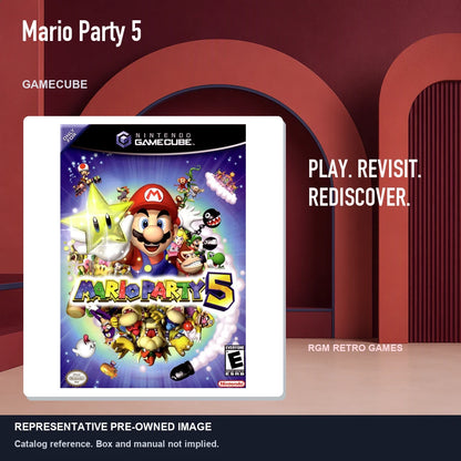 Representative pre-owned Mario Party 5 (GameCube), red retro product layout.