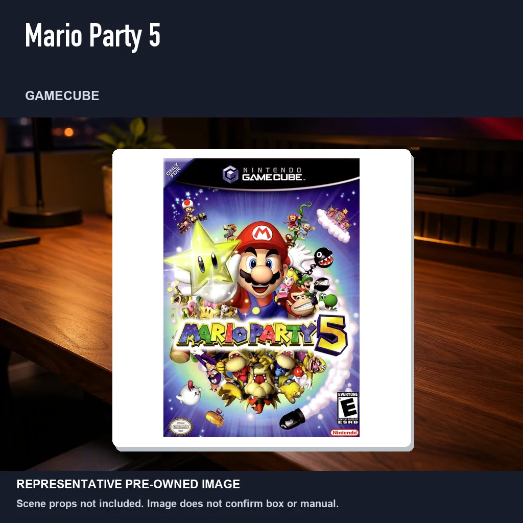 Representative pre-owned Mario Party 5 (GameCube), product image in a styled desk scene.