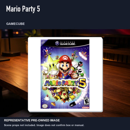Representative pre-owned Mario Party 5 (GameCube), product image in a styled desk scene.