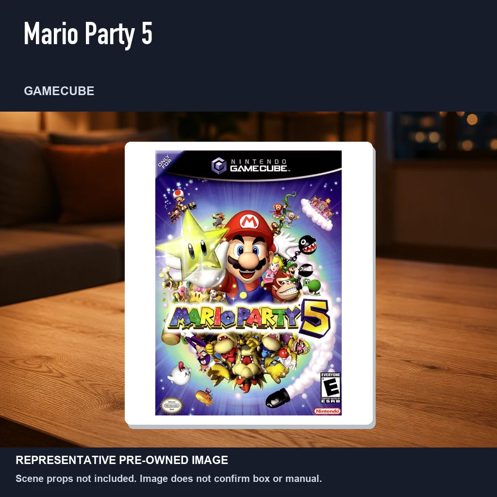 Representative pre-owned Mario Party 5 (GameCube), product image in a styled room scene.