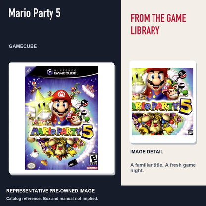 Representative pre-owned Mario Party 5 (GameCube), editorial image and detail.
