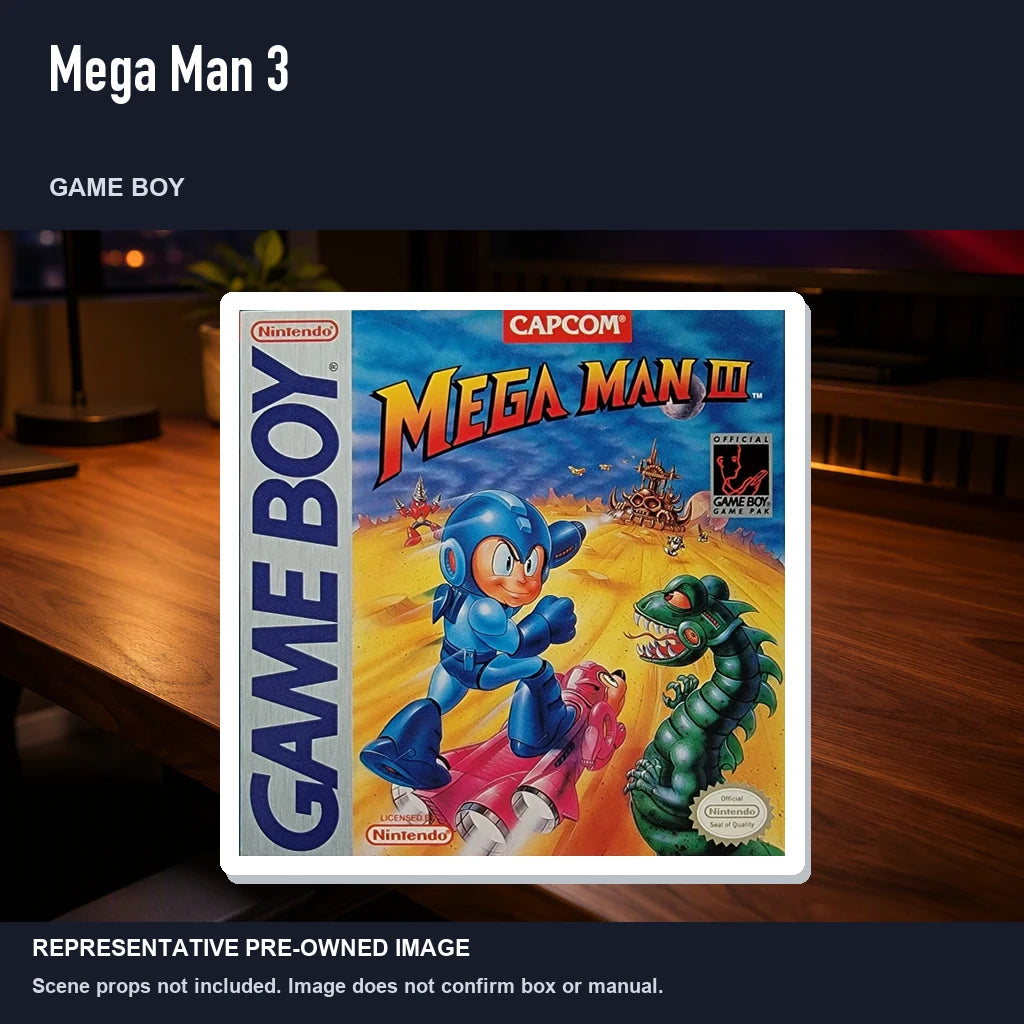 Representative pre-owned Mega Man 3 (Game Boy), product image in a styled desk scene.
