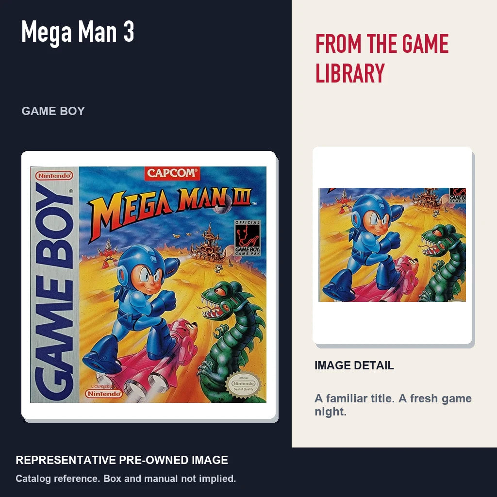 Representative pre-owned Mega Man 3 (Game Boy), editorial image and detail.