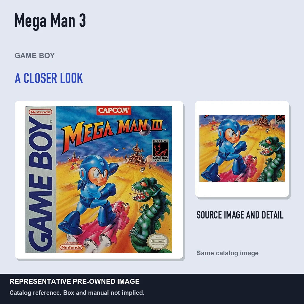 Representative pre-owned Mega Man 3 (Game Boy), full image with detail inset.