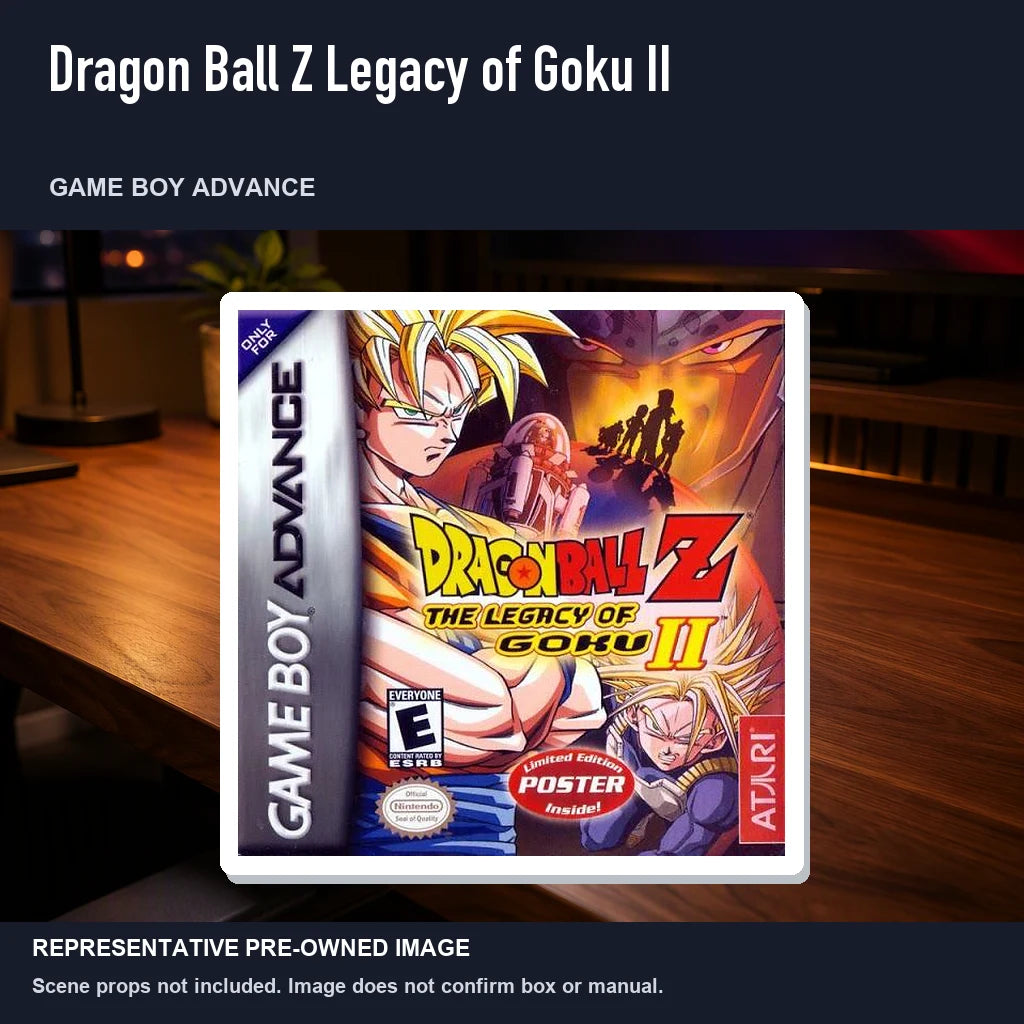 Representative pre-owned Dragon Ball Z Legacy of Goku II (Game Boy Advance), product image in a styled desk scene.