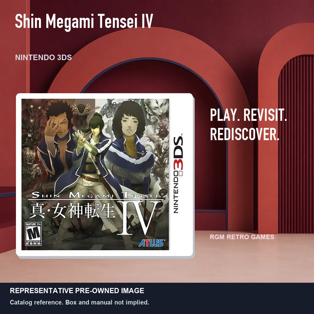 Representative pre-owned Shin Megami Tensei IV (Nintendo 3DS), red retro product layout.