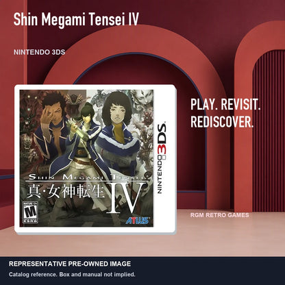 Representative pre-owned Shin Megami Tensei IV (Nintendo 3DS), red retro product layout.