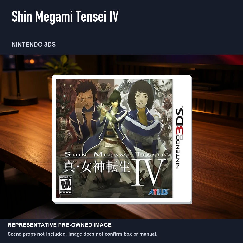Representative pre-owned Shin Megami Tensei IV (Nintendo 3DS), product image in a styled desk scene.