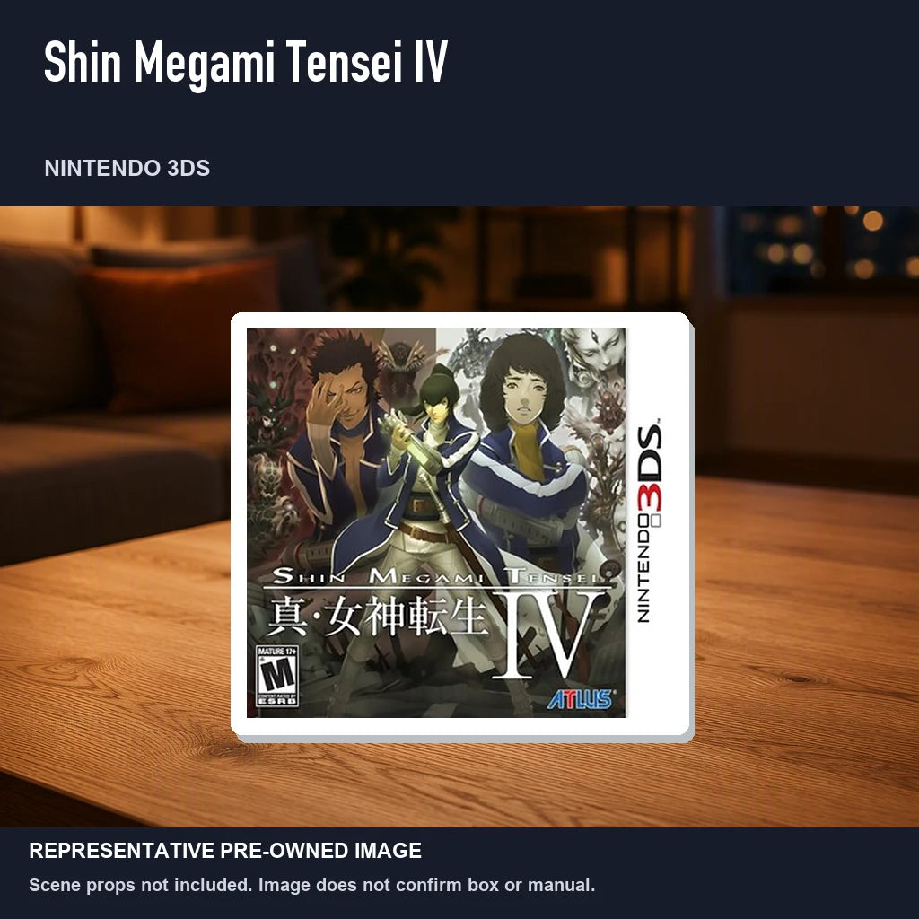 Representative pre-owned Shin Megami Tensei IV (Nintendo 3DS), product image in a styled room scene.