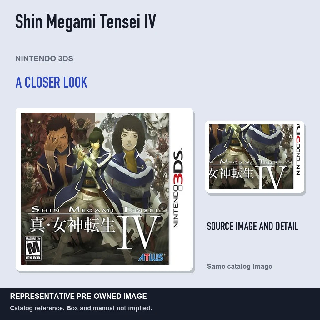 Representative pre-owned Shin Megami Tensei IV (Nintendo 3DS), full image with detail inset.
