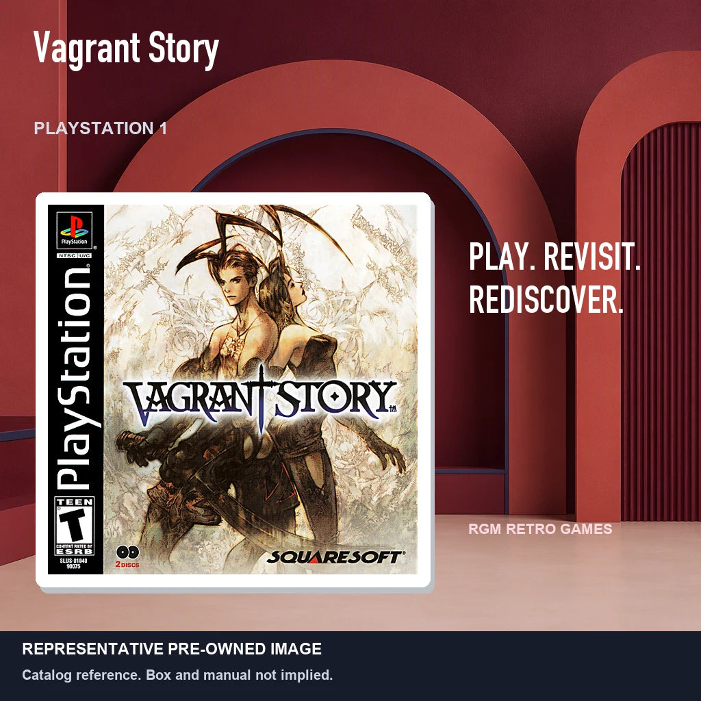 Representative pre-owned Vagrant Story (PlayStation 1), red retro product layout.