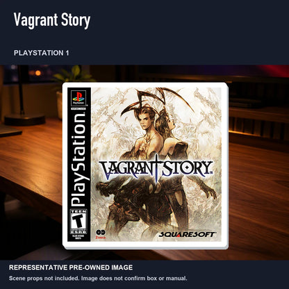 Representative pre-owned Vagrant Story (PlayStation 1), product image in a styled desk scene.
