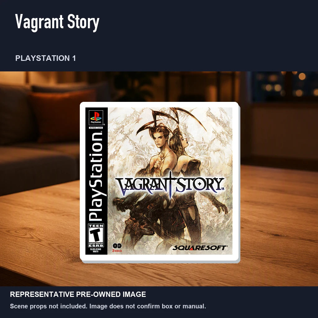 Representative pre-owned Vagrant Story (PlayStation 1), product image in a styled room scene.