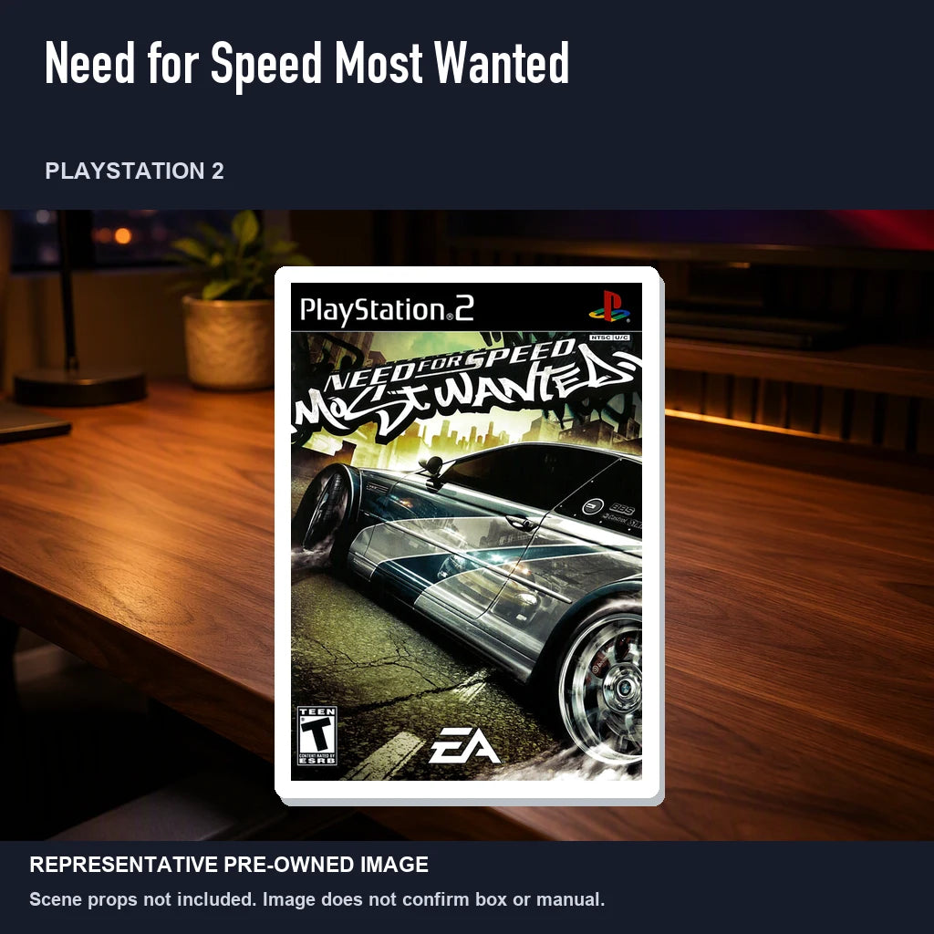 Representative pre-owned Need for Speed Most Wanted (PlayStation 2), product image in a styled desk scene.
