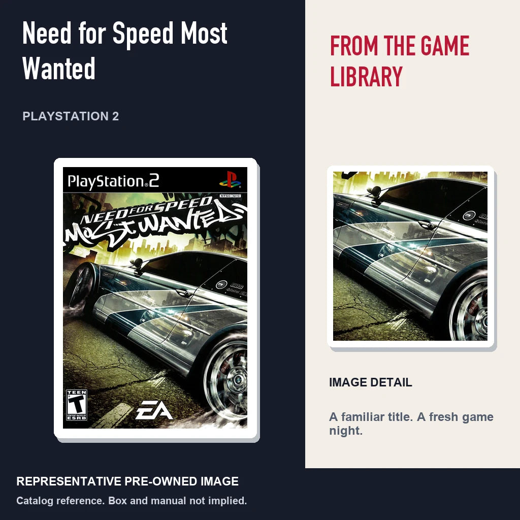 Representative pre-owned Need for Speed Most Wanted (PlayStation 2), editorial image and detail.