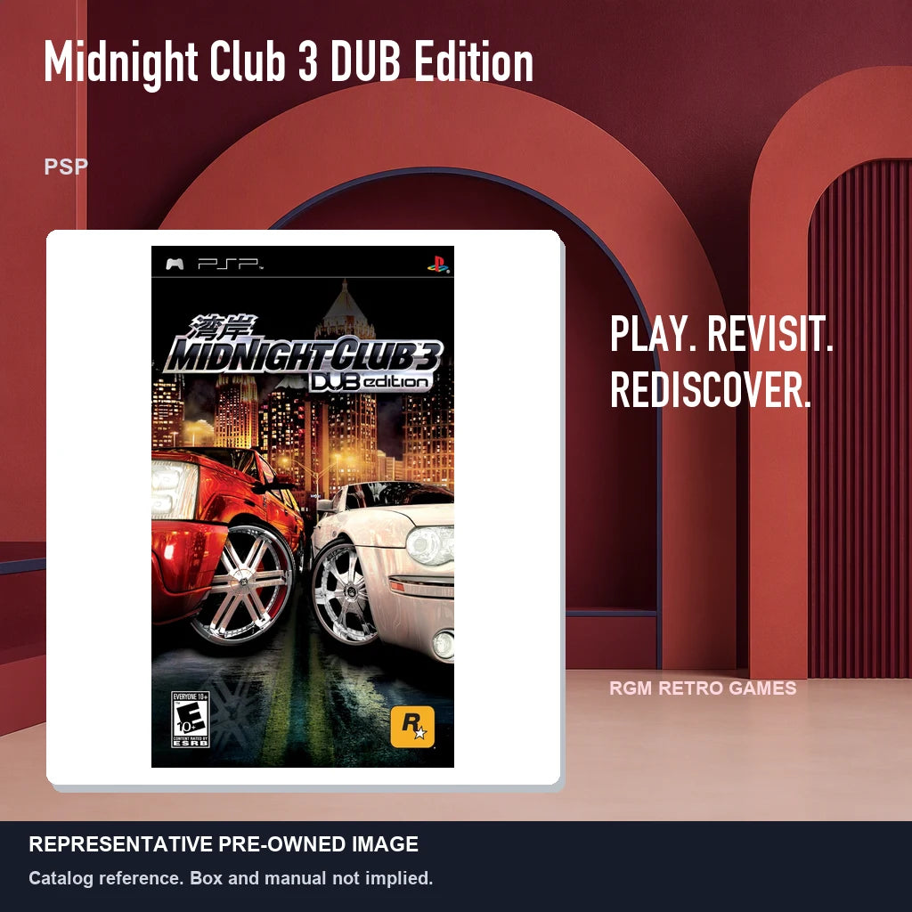Representative pre-owned Midnight Club 3 DUB Edition (PSP), red retro product layout.