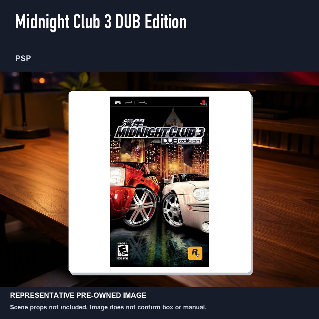 Representative pre-owned Midnight Club 3 DUB Edition (PSP), product image in a styled desk scene.