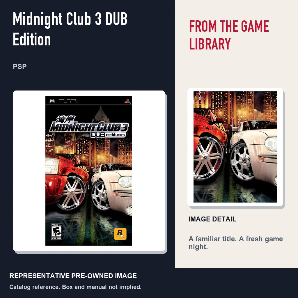Representative pre-owned Midnight Club 3 DUB Edition (PSP), editorial image and detail.