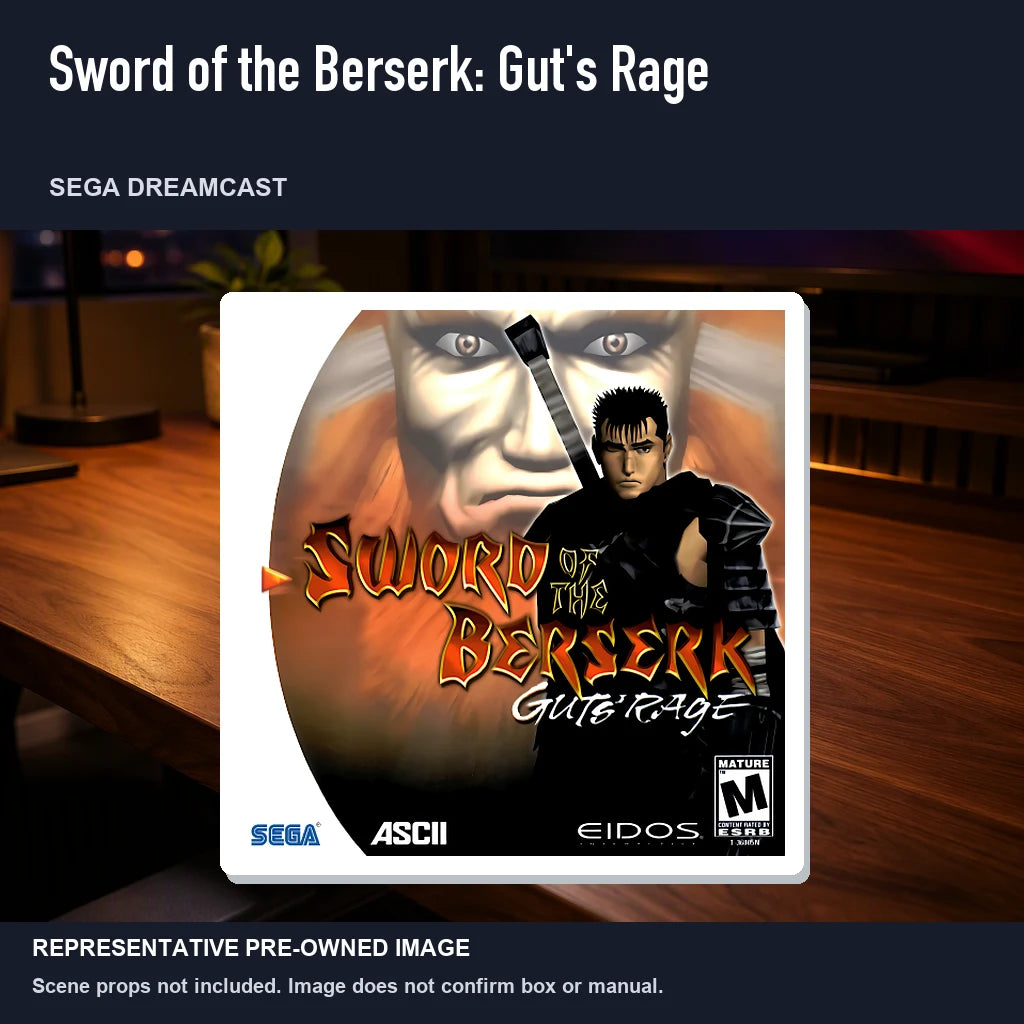Representative pre-owned Sword of the Berserk: Gut's Rage (Sega Dreamcast), product image in a styled desk scene.