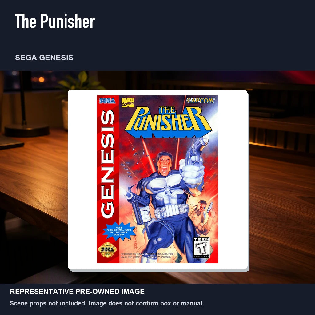 Representative pre-owned The Punisher (Sega Genesis), product image in a styled desk scene.