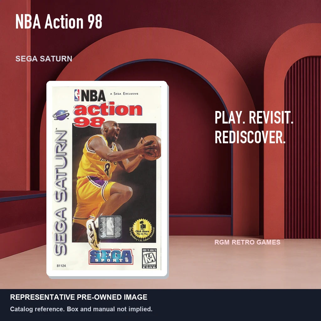 Representative pre-owned NBA Action 98 (Sega Saturn), red retro product layout.