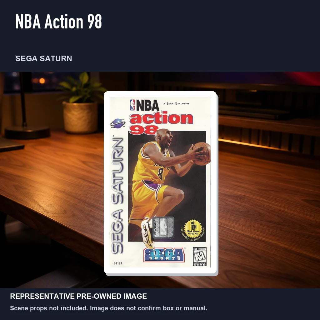 Representative pre-owned NBA Action 98 (Sega Saturn), product image in a styled desk scene.