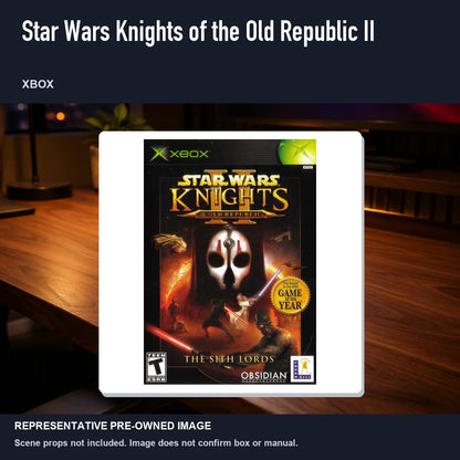 Representative pre-owned Star Wars Knights of the Old Republic II (Xbox), product image in a styled desk scene.