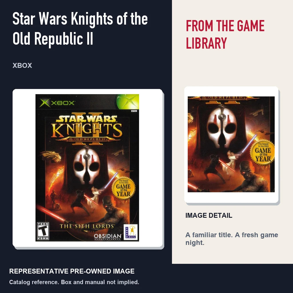 Representative pre-owned Star Wars Knights of the Old Republic II (Xbox), editorial image and detail.