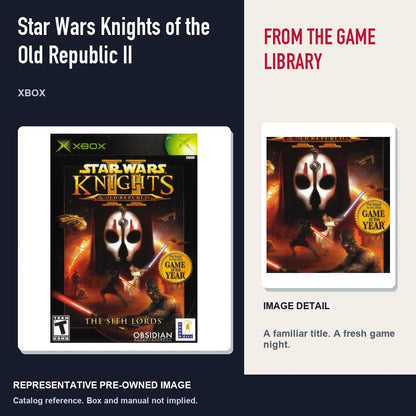 Representative pre-owned Star Wars Knights of the Old Republic II (Xbox), editorial image and detail.
