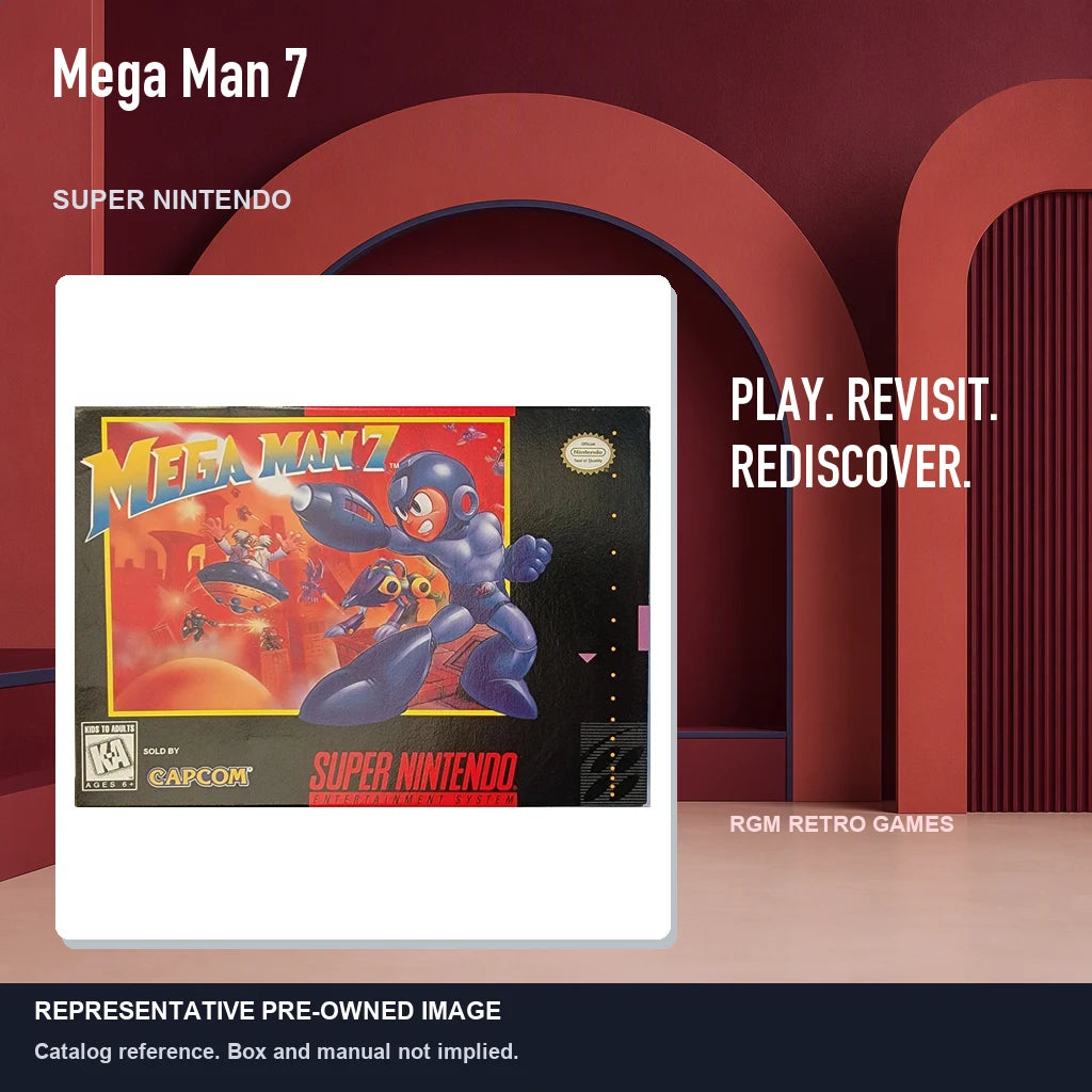 Representative pre-owned Mega Man 7 (Super Nintendo), red retro product layout.