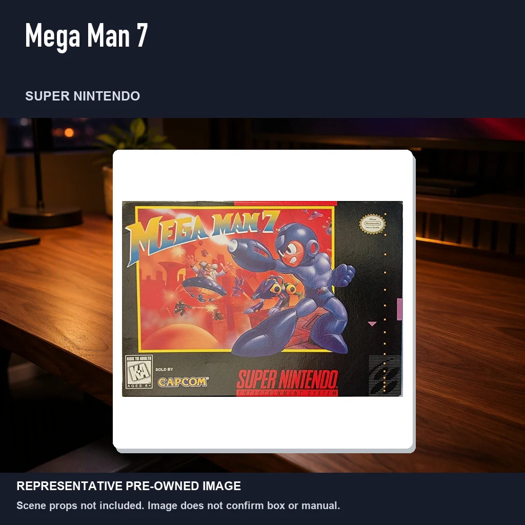 Representative pre-owned Mega Man 7 (Super Nintendo), product image in a styled desk scene.
