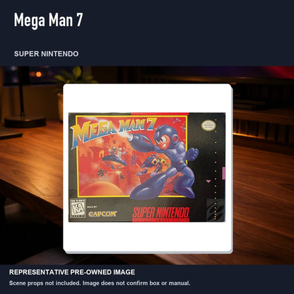 Representative pre-owned Mega Man 7 (Super Nintendo), product image in a styled desk scene.