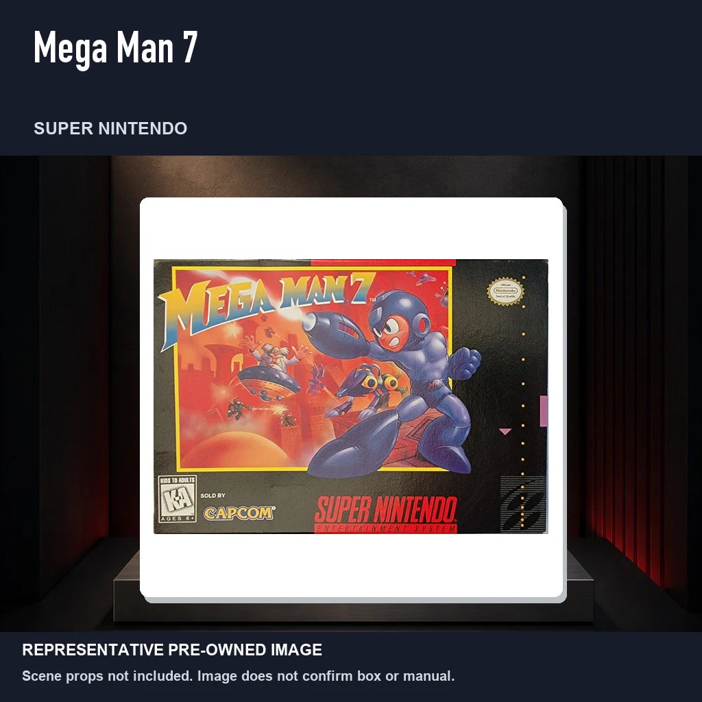 Representative pre-owned Mega Man 7 (Super Nintendo), product image on a display panel.