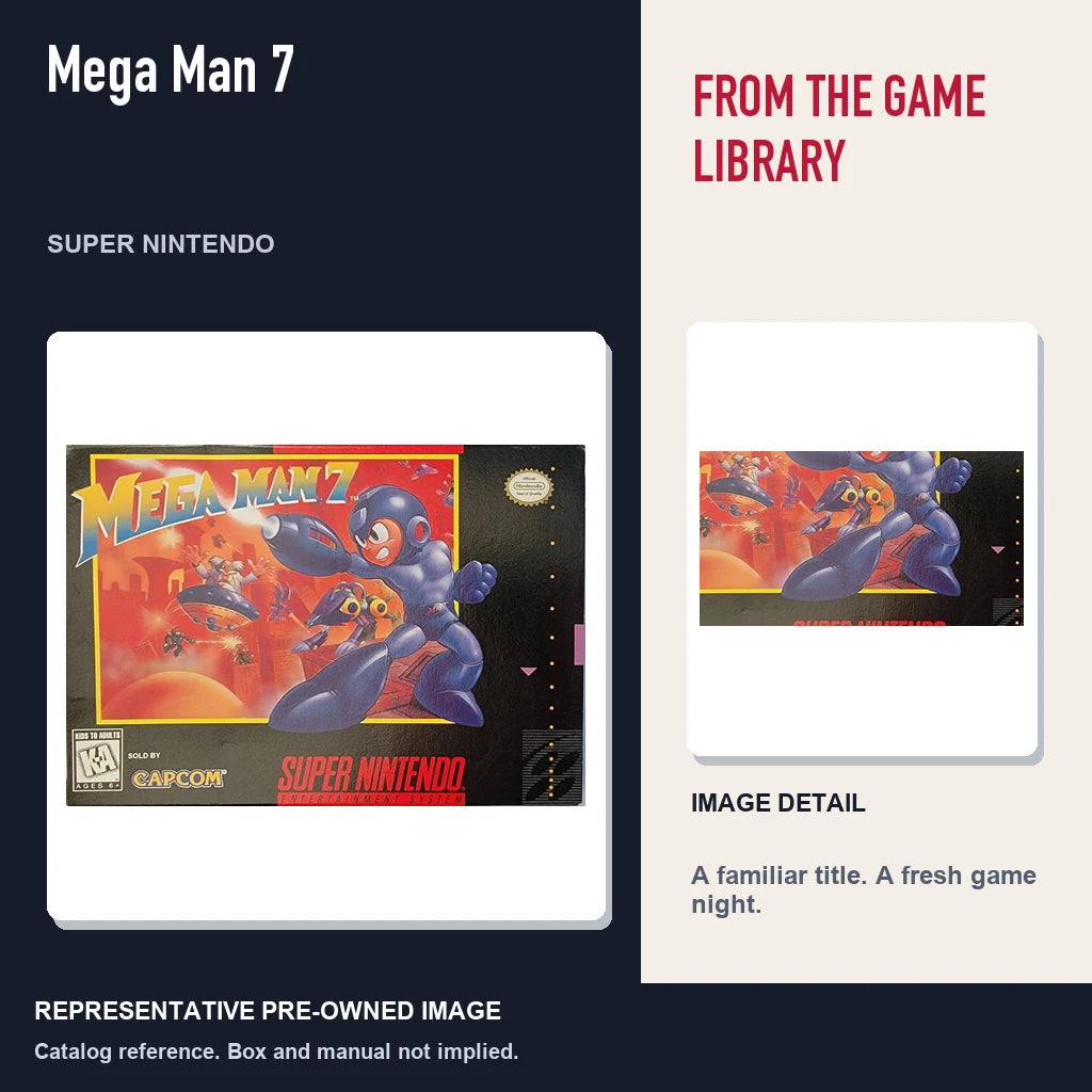 Representative pre-owned Mega Man 7 (Super Nintendo), editorial image and detail.