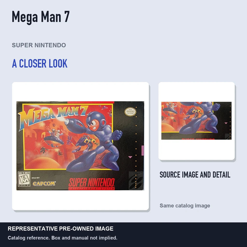 Representative pre-owned Mega Man 7 (Super Nintendo), full image with detail inset.