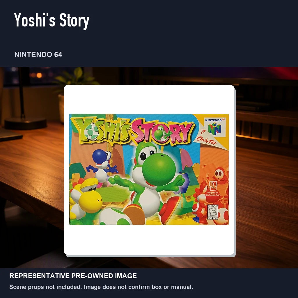 Representative pre-owned Yoshi's Story (Nintendo 64), product image in a styled desk scene.