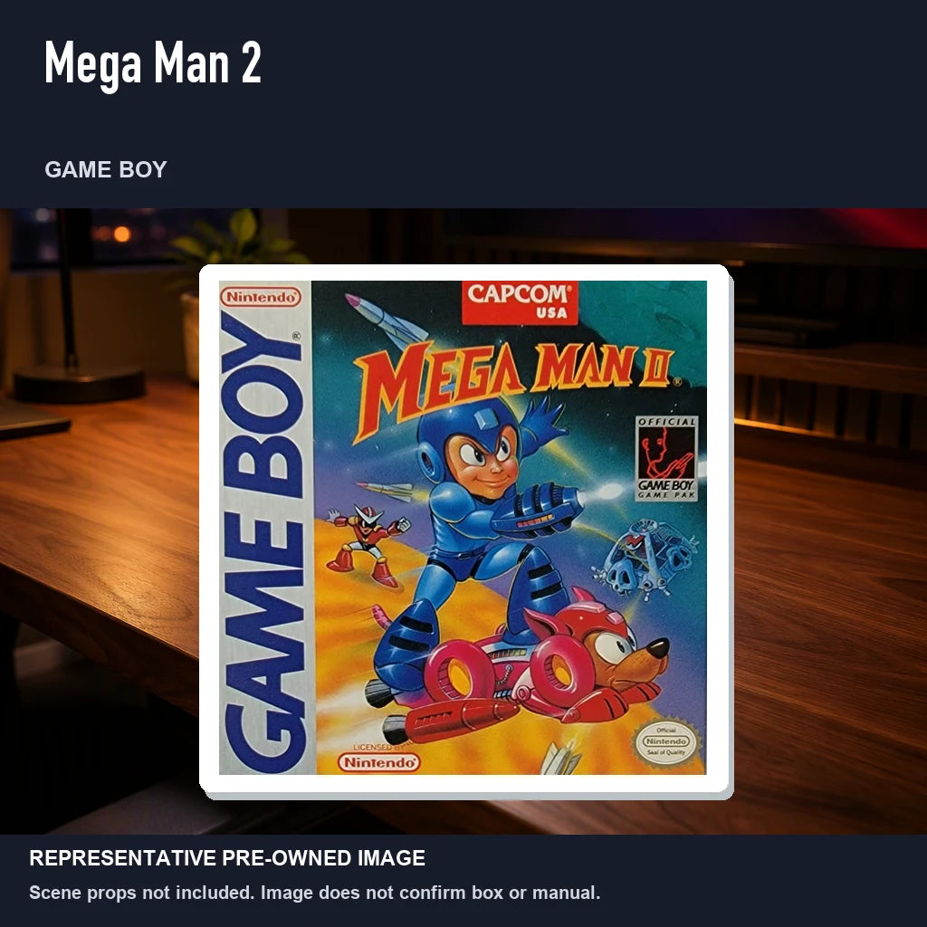 Representative pre-owned Mega Man 2 (Game Boy), product image in a styled desk scene.