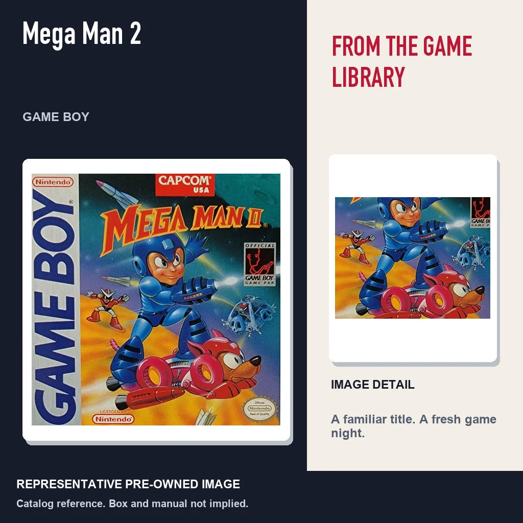 Representative pre-owned Mega Man 2 (Game Boy), editorial image and detail.