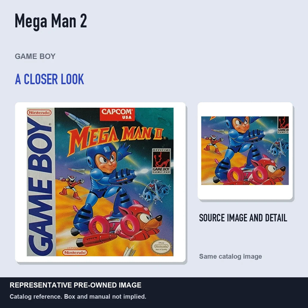 Representative pre-owned Mega Man 2 (Game Boy), full image with detail inset.