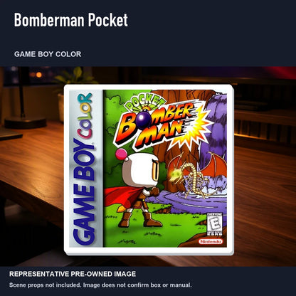 Representative pre-owned Bomberman Pocket (Game Boy Color), product image in a styled desk scene.