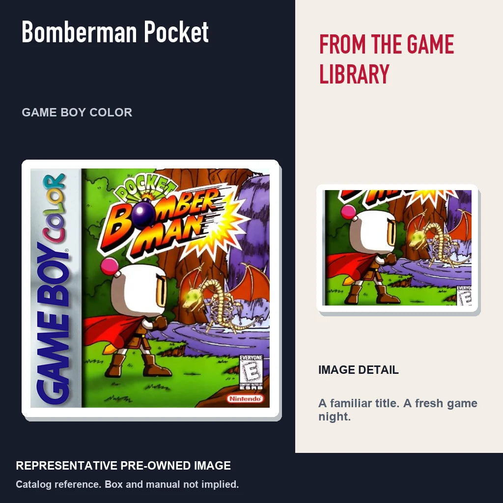 Representative pre-owned Bomberman Pocket (Game Boy Color), editorial image and detail.