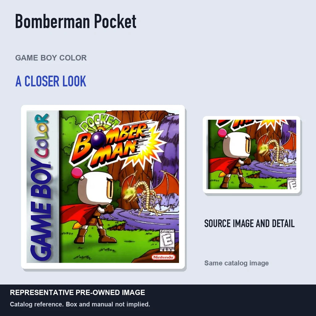 Representative pre-owned Bomberman Pocket (Game Boy Color), full image with detail inset.