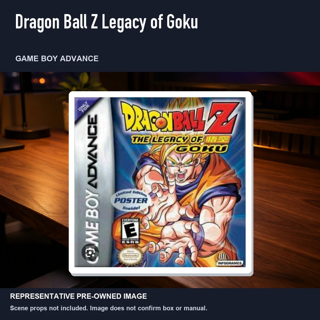 Representative pre-owned Dragon Ball Z Legacy of Goku (Game Boy Advance), product image in a styled desk scene.